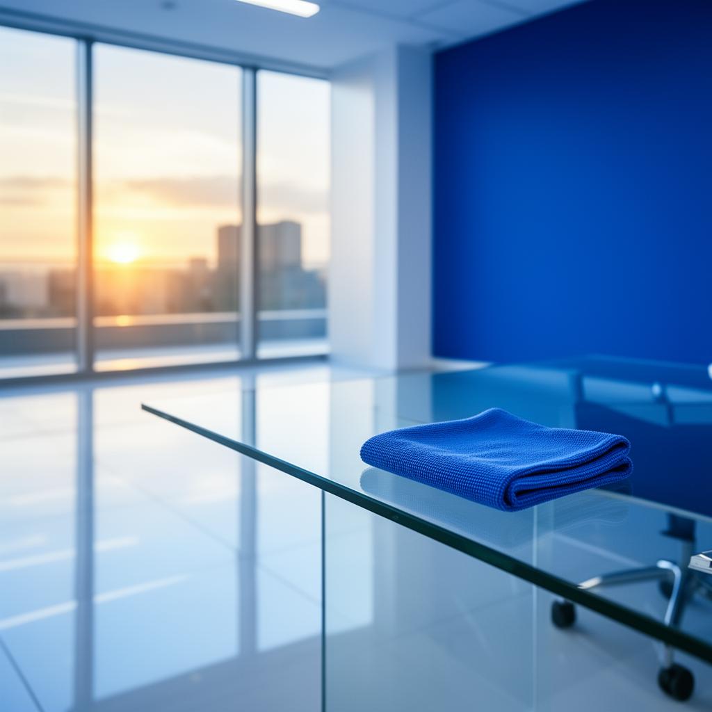 Pristine modern office at golden hour with gleaming floors and a microfiber cloth on a glass desk