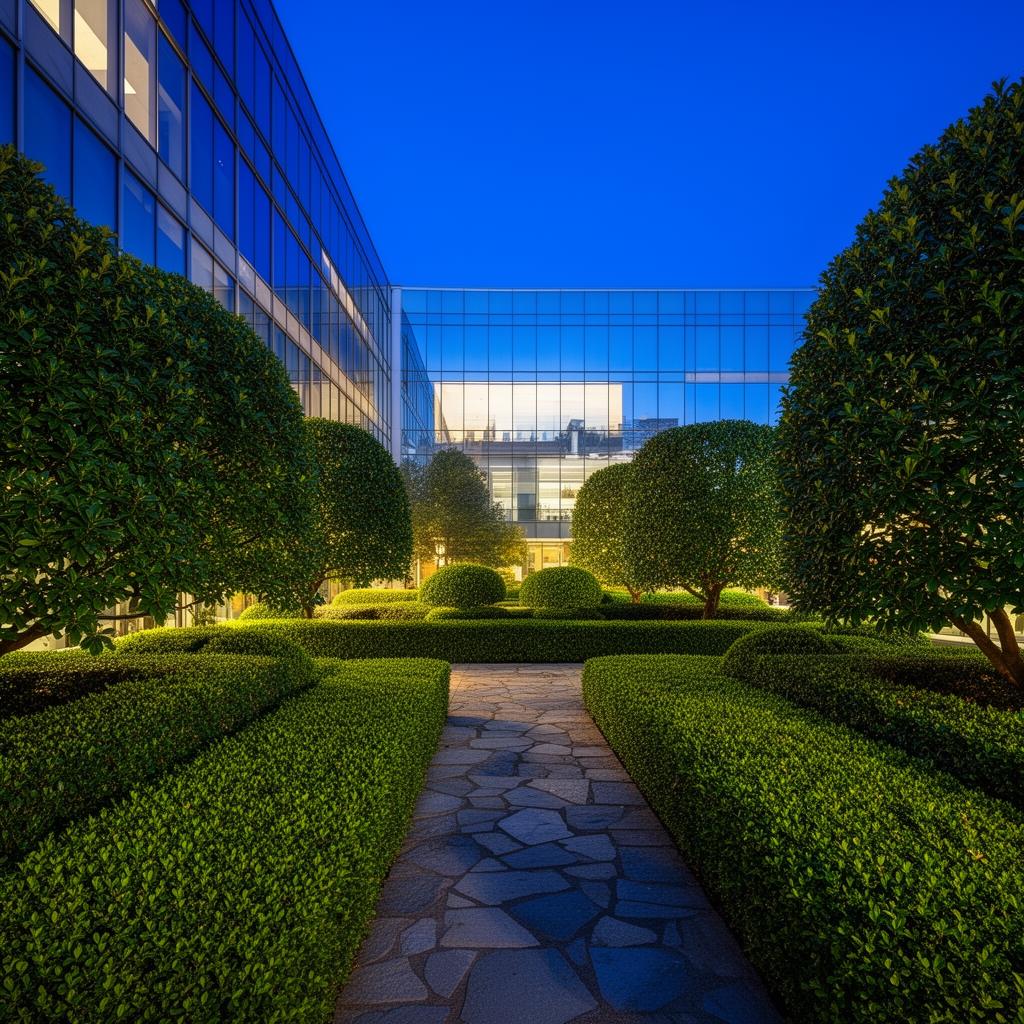 Manicured boxwood landscaping and stone path in front of a glass office building at dusk