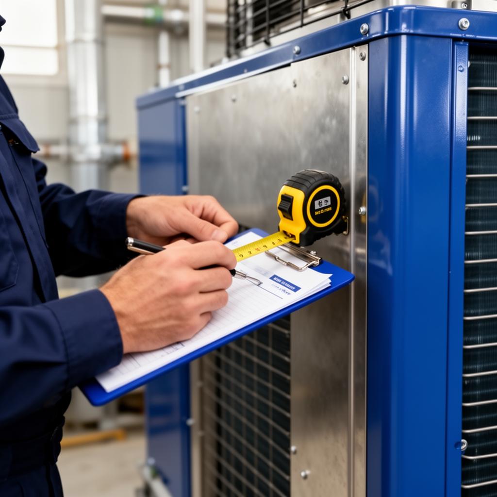 Maintenance technician with clipboard and tape measure inspecting a commercial HVAC unit