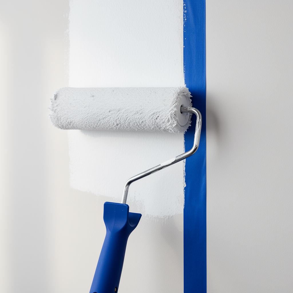 Paint roller applying crisp white paint against a sharp royal blue painter's tape line