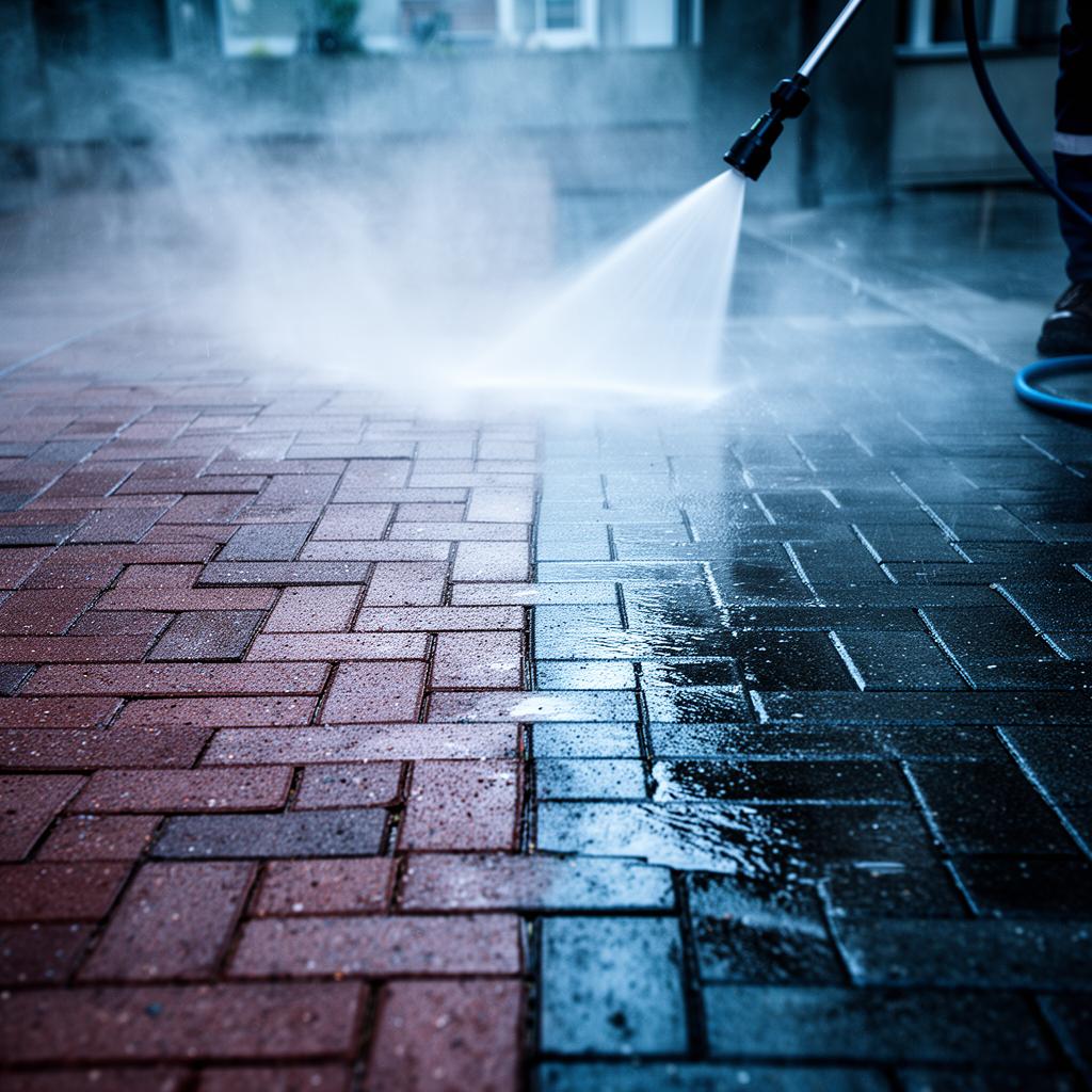 Power washer spraying a brick walkway showing clean and dirty contrast