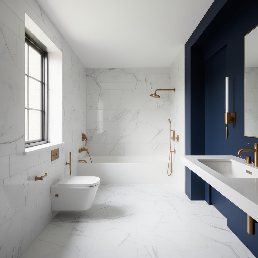 Newly renovated commercial bathroom with white marble, brushed gold fixtures and a navy accent wall
