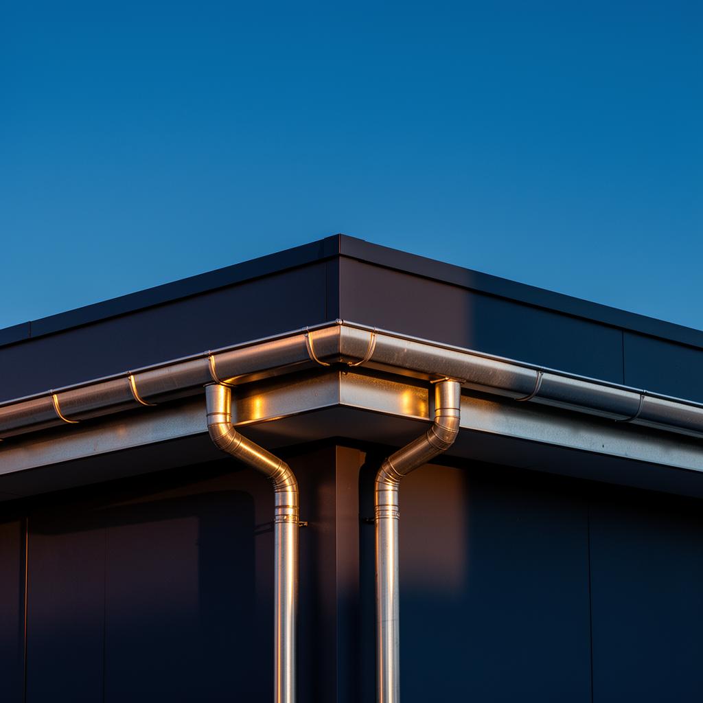 Modern commercial roof corner with new metal gutters against a deep blue sky