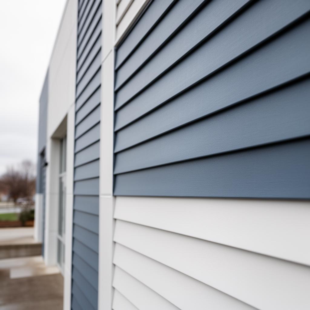 Close-up of new blue-gray horizontal vinyl siding on a modern commercial building